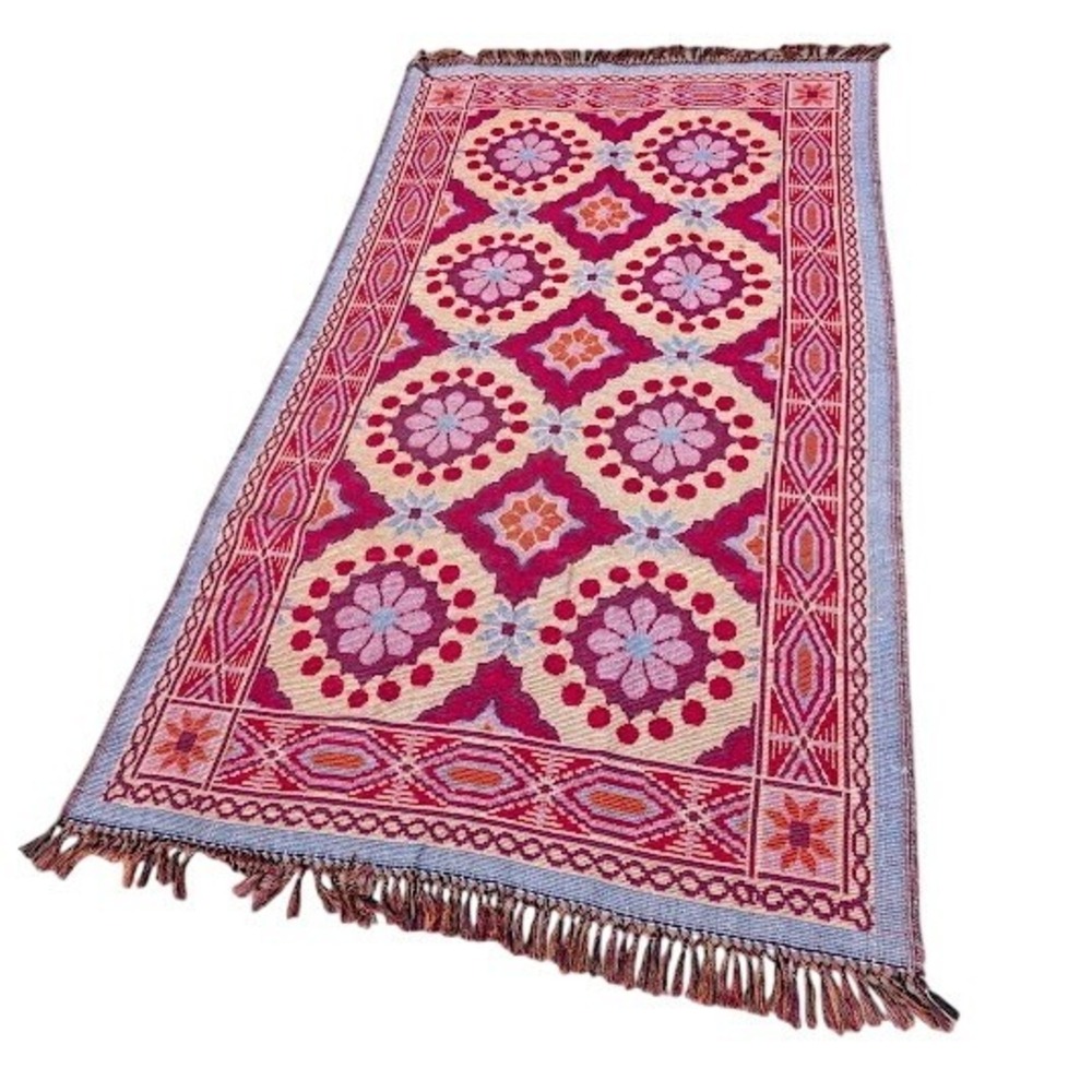 Floral Geometric Woven Rug Pink Red Boho Fringe Tapestry Cottagecore